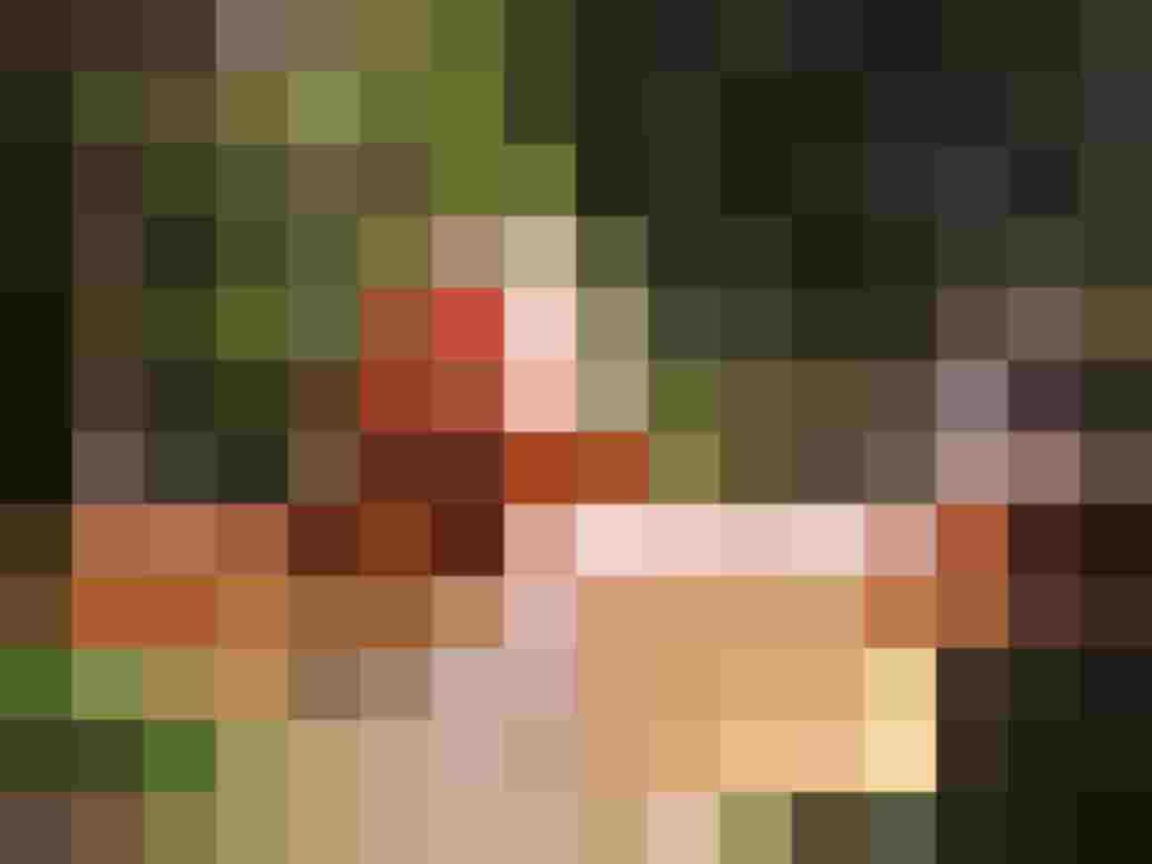 Mann zielt mit Pfeil und Bogen im Wald auf einen Zielpunkt, umgeben von Natur.